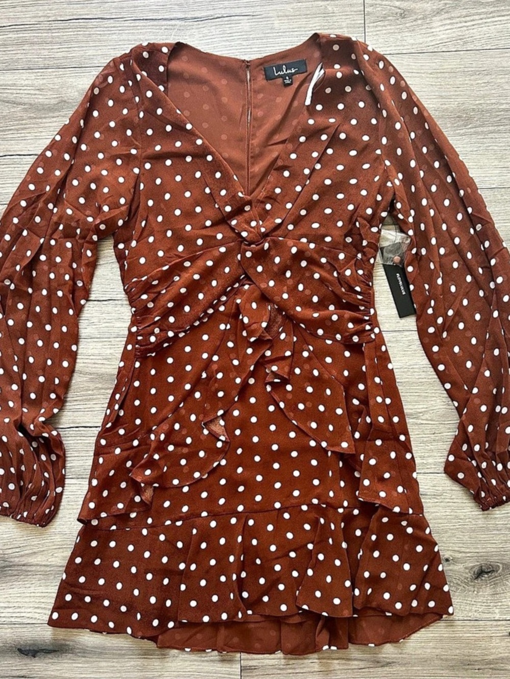 Lulu's Polka Dot Ruffle Mini Dress in Brown & White NWT Boho Fall